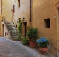 Traditional faÃÂ§ade of Italian house in the small magical and old village of Pienza, Val D`Orcia Tuscany Ã¢â¬â Italy Royalty Free Stock Photo